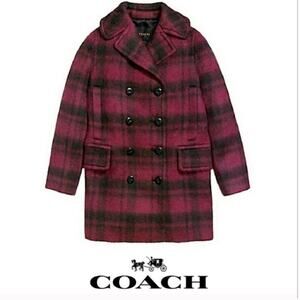 Coach Plaid Maroon Wool Alpaca Coat Red Pea Coat Small